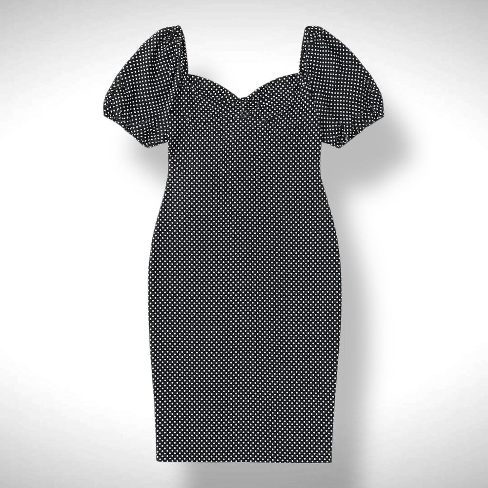 Betsey Johnson Size 12 Sweetheart Midi Dress Black White Puff‎ Sleeve Polka Dot
